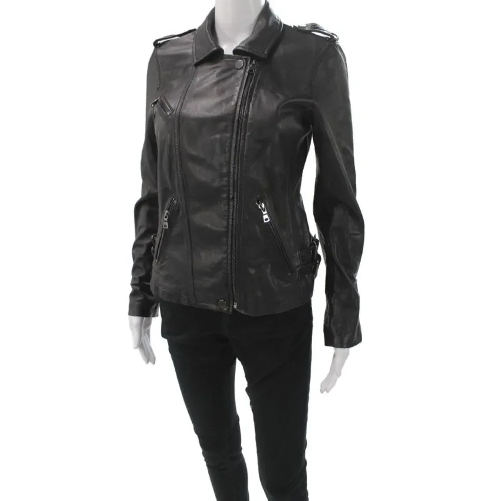 Rebecca Taylor Womens Black Leather Biker Jacket Button Size 2